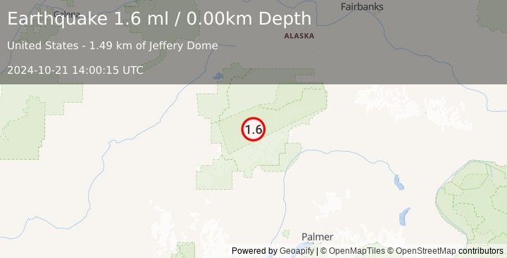 Earthquake 52 km SE of Denali National Park, Alaska (1.6 ml) (2024-10-21 14:00:15 UTC)