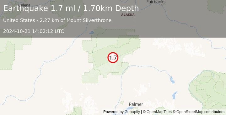 Earthquake 68 km SE of Denali National Park, Alaska (1.7 ml) (2024-10-21 14:02:12 UTC)