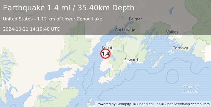 Earthquake 4 km W of Kasilof, Alaska (1.4 ml) (2024-10-21 14:19:40 UTC)