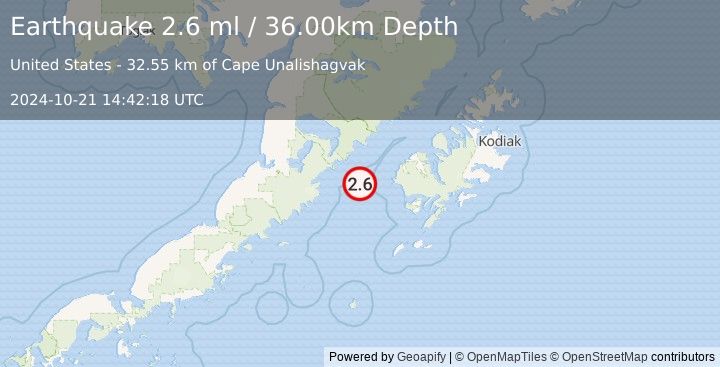 Earthquake 68 km WSW of Karluk, Alaska (2.6 ml) (2024-10-21 14:42:18 UTC)