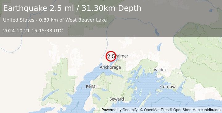 Earthquake 6 km SSW of Houston, Alaska (2.5 ml) (2024-10-21 15:15:38 UTC)