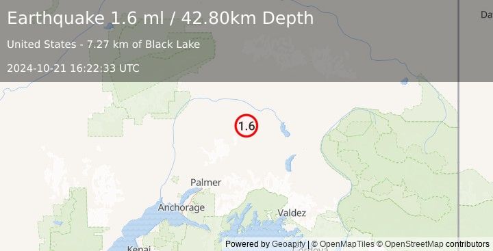 Earthquake 66 km NNW of Eureka Roadhouse, Alaska (1.6 ml) (2024-10-21 16:22:33 UTC)