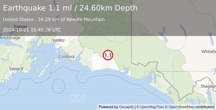 Earthquake 94 km S of McCarthy, Alaska (1.1 ml) (2024-10-21 16:40:28 UTC)