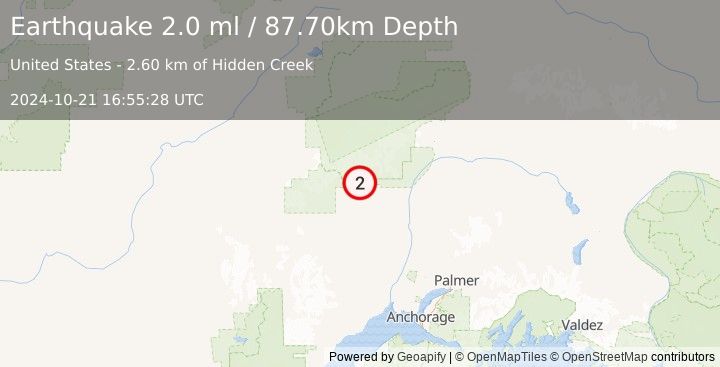 Earthquake 26 km WNW of Petersville, Alaska (2.0 ml) (2024-10-21 16:55:28 UTC)