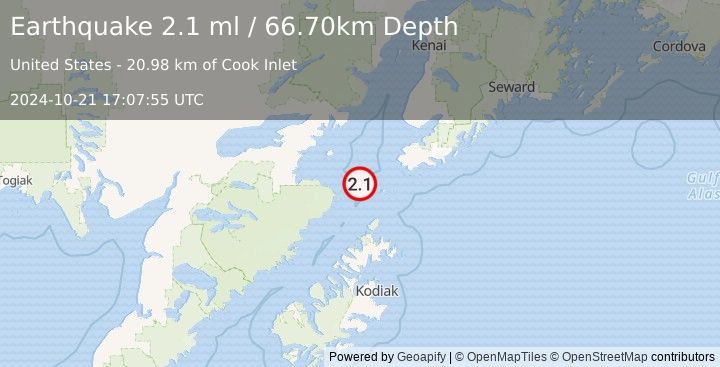 Earthquake 61 km SW of Nanwalek, Alaska (2.1 ml) (2024-10-21 17:07:55 UTC)