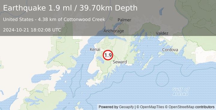 Earthquake 30 km SE of Funny River, Alaska (1.9 ml) (2024-10-21 18:02:08 UTC)