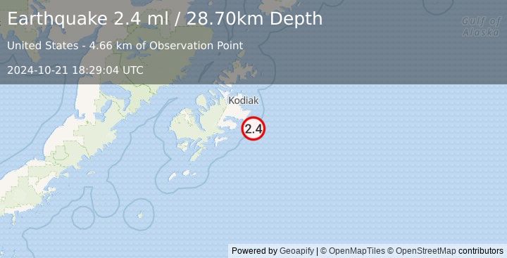 Earthquake 35 km SSE of Chiniak, Alaska (2.4 ml) (2024-10-21 18:29:04 UTC)