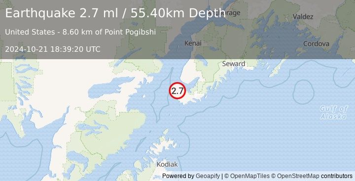 Earthquake 14 km WNW of Seldovia, Alaska (2.7 ml) (2024-10-21 18:39:20 UTC)