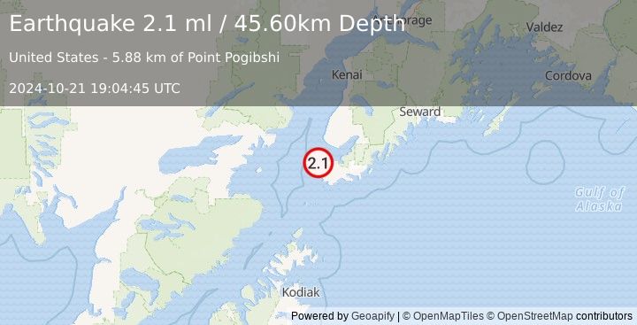 Earthquake 11 km NNW of Nanwalek, Alaska (2.1 ml) (2024-10-21 19:04:45 UTC)