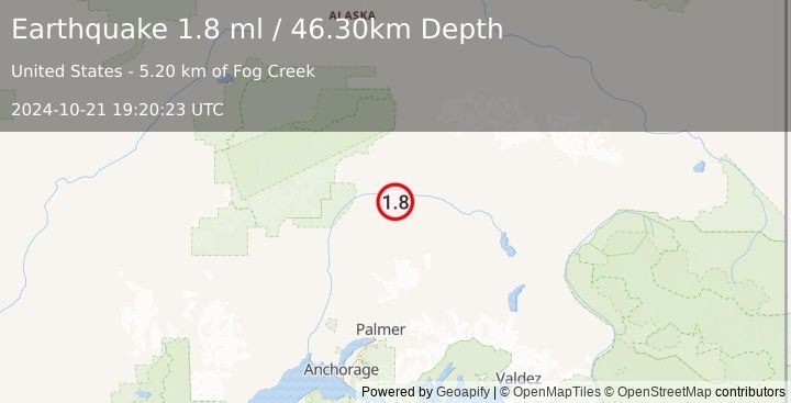 Earthquake 67 km S of Cantwell, Alaska (1.8 ml) (2024-10-21 19:20:23 UTC)