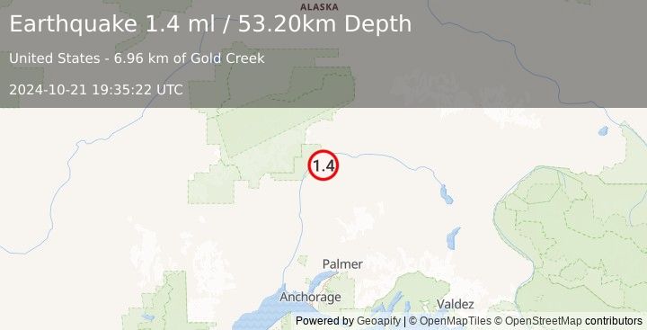 Earthquake 41 km NE of Chase, Alaska (1.4 ml) (2024-10-21 19:35:22 UTC)