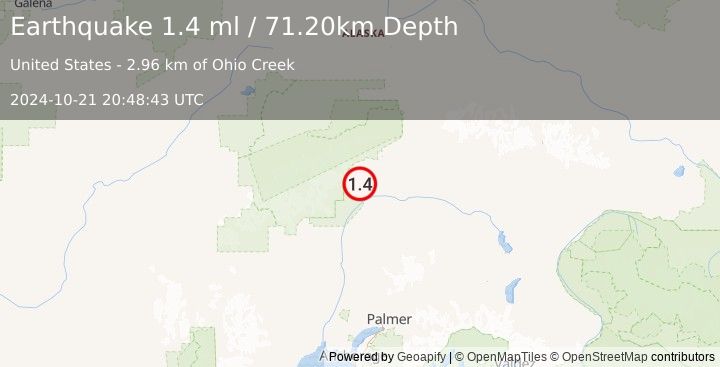 Earthquake 60 km SW of Cantwell, Alaska (1.4 ml) (2024-10-21 20:48:43 UTC)