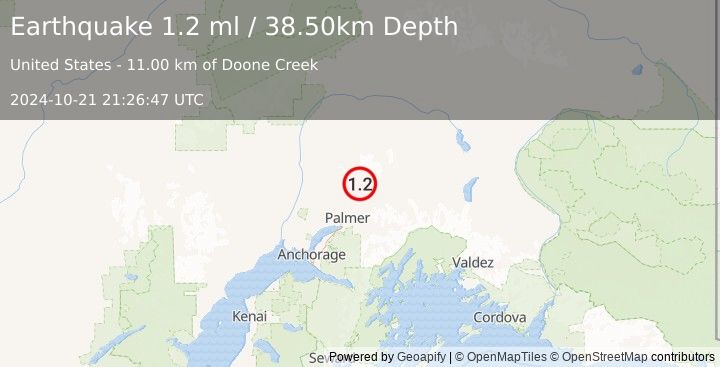 Earthquake 19 km N of Sutton-Alpine, Alaska (1.2 ml) (2024-10-21 21:26:47 UTC)