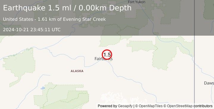 Earthquake 7 km E of Fox, Alaska (1.5 ml) (2024-10-21 23:45:11 UTC)