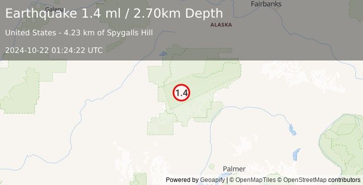 Earthquake 47 km SSE of Denali National Park, Alaska (1.4 ml) (2024-10-22 01:24:22 UTC)