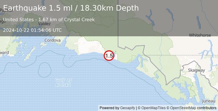 Earthquake 119 km WNW of Yakutat, Alaska (1.5 ml) (2024-10-22 01:54:06 UTC)