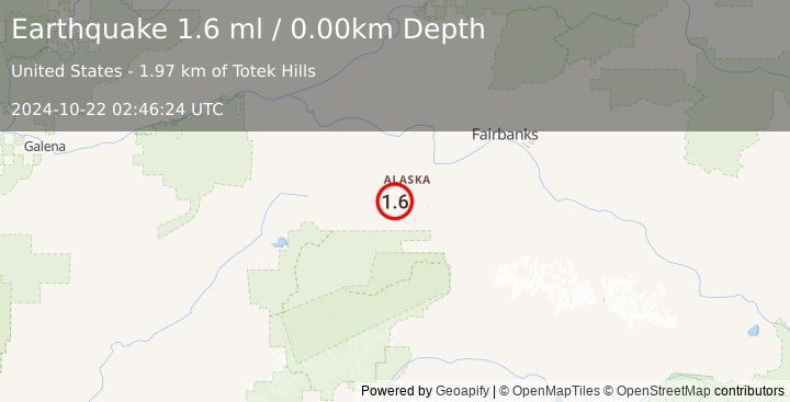 Earthquake 35 km W of Clear, Alaska (1.6 ml) (2024-10-22 02:46:24 UTC)