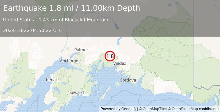 Earthquake 46 km NW of Valdez, Alaska (1.8 ml) (2024-10-22 04:50:22 UTC)