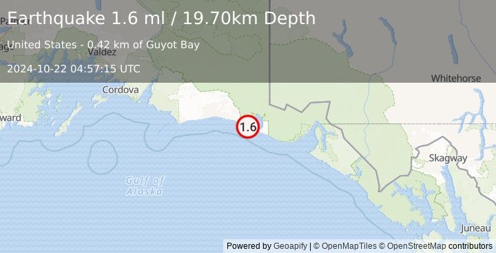 Earthquake 119 km WNW of Yakutat, Alaska (1.6 ml) (2024-10-22 04:57:15 UTC)