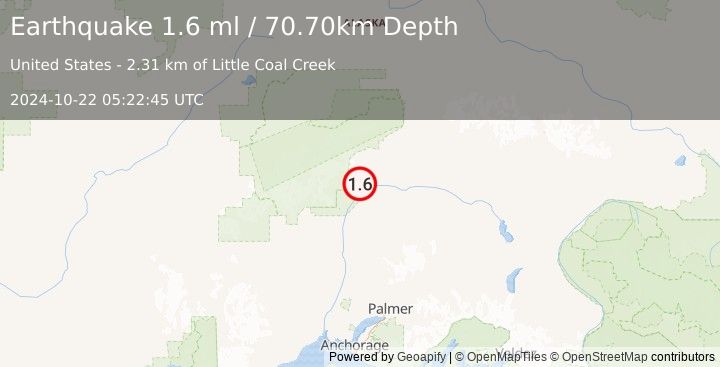 Earthquake 50 km NNE of Chase, Alaska (1.6 ml) (2024-10-22 05:22:45 UTC)