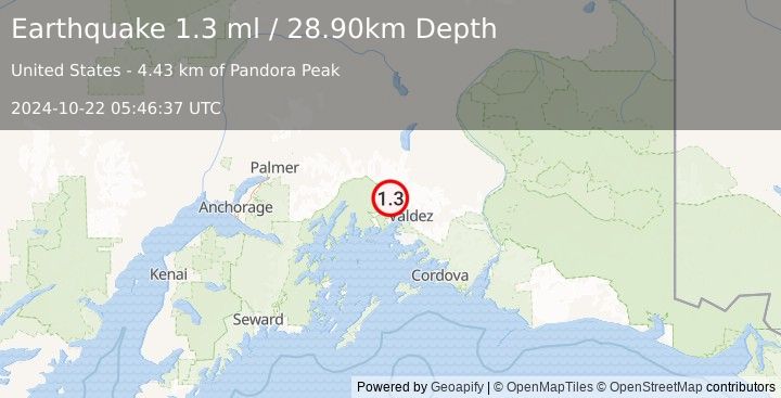 Earthquake 28 km NW of Valdez, Alaska (1.3 ml) (2024-10-22 05:46:37 UTC)