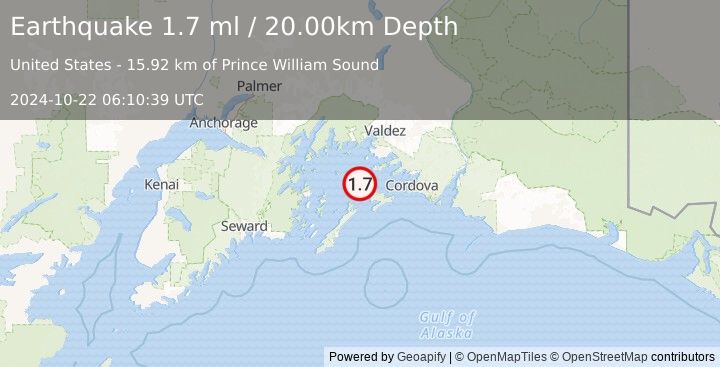 Earthquake 35 km SSW of Tatitlek, Alaska (1.7 ml) (2024-10-22 06:10:39 UTC)