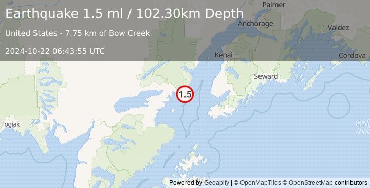 Earthquake 60 km W of Anchor Point, Alaska (1.5 ml) (2024-10-22 06:43:55 UTC)