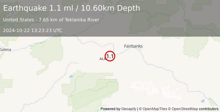 Earthquake 14 km WSW of Nenana, Alaska (1.1 ml) (2024-10-22 13:23:23 UTC)