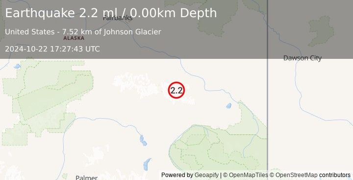 Earthquake 33 km SW of Dry Creek, Alaska (2.2 ml) (2024-10-22 17:27:43 UTC)