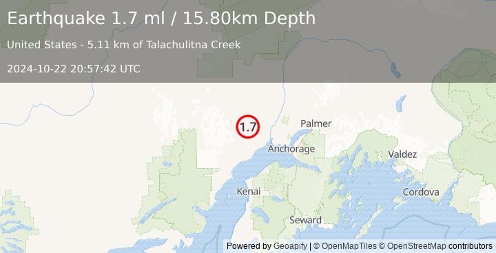 Earthquake 40 km W of Susitna, Alaska (1.7 ml) (2024-10-22 20:57:42 UTC)