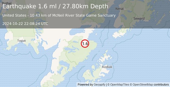 Earthquake 60 km SSE of Kokhanok, Alaska (1.6 ml) (2024-10-22 22:08:24 UTC)