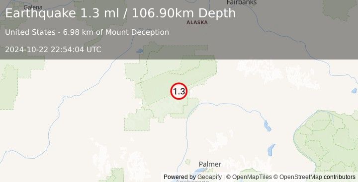 Earthquake 68 km NNE of Petersville, Alaska (1.3 ml) (2024-10-22 22:54:04 UTC)