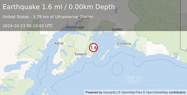 Earthquake 38 km NNW of Chenega, Alaska (1.6 ml) (2024-10-23 00:10:02 UTC)