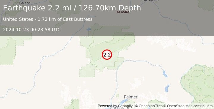 Earthquake 62 km N of Petersville, Alaska (2.2 ml) (2024-10-23 00:23:58 UTC)