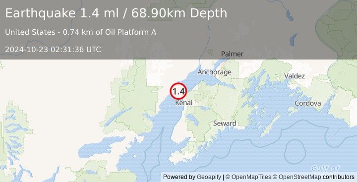 Earthquake 16 km NW of Nikiski, Alaska (1.4 ml) (2024-10-23 02:31:36 UTC)