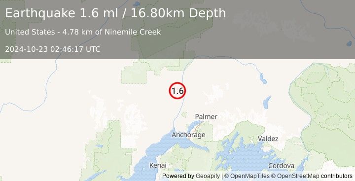 Earthquake 20 km SSW of Trapper Creek, Alaska (1.6 ml) (2024-10-23 02:46:17 UTC)