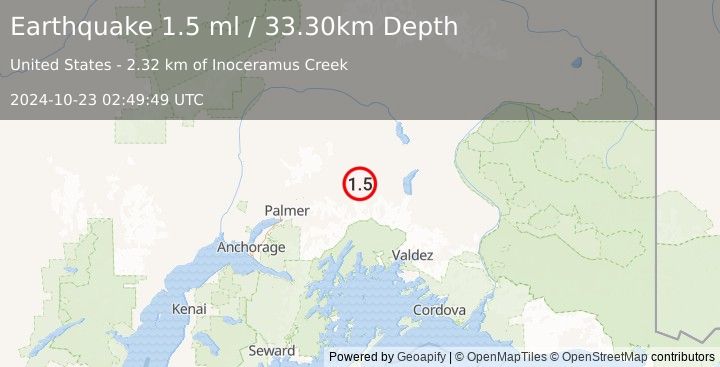 Earthquake 11 km NE of Glacier View, Alaska (1.5 ml) (2024-10-23 02:49:49 UTC)