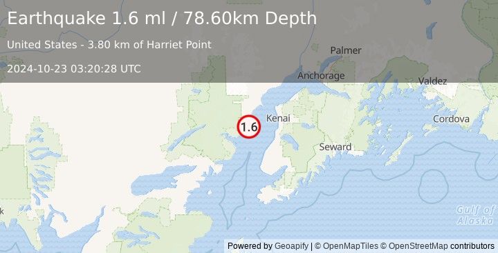 Earthquake 48 km WNW of Clam Gulch, Alaska (1.6 ml) (2024-10-23 03:20:28 UTC)