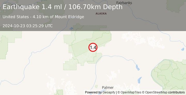 Earthquake 75 km WSW of Cantwell, Alaska (1.4 ml) (2024-10-23 03:25:29 UTC)