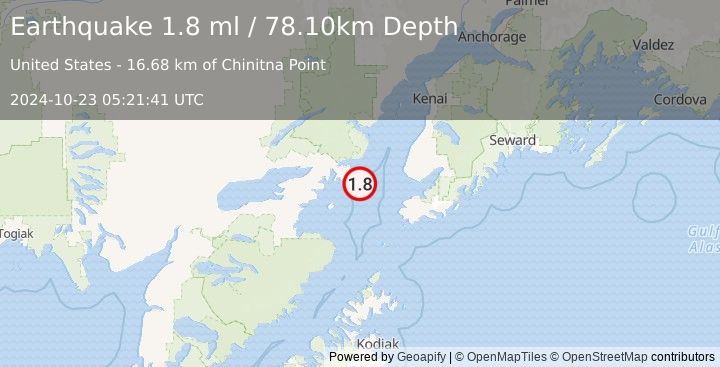 Earthquake 57 km WSW of Anchor Point, Alaska (1.8 ml) (2024-10-23 05:21:41 UTC)