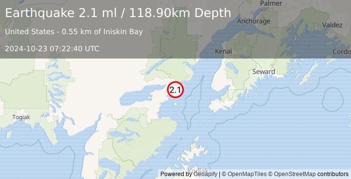 Earthquake 40 km ESE of Pedro Bay, Alaska (2.1 ml) (2024-10-23 07:22:40 UTC)