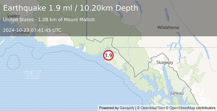 Earthquake 25 km NE of Yakutat, Alaska (1.9 ml) (2024-10-23 07:41:45 UTC)