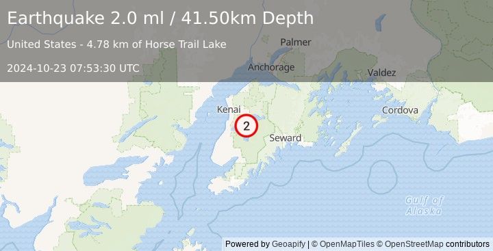 Earthquake 23 km S of Funny River, Alaska (2.0 ml) (2024-10-23 07:53:30 UTC)