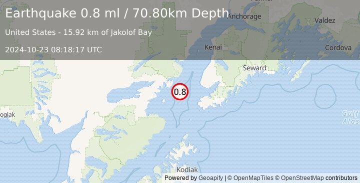 Earthquake 51 km WNW of Nanwalek, Alaska (0.8 ml) (2024-10-23 08:18:17 UTC)