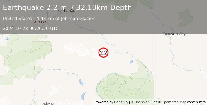 Earthquake 26 km SSW of Dry Creek, Alaska (2.2 ml) (2024-10-23 09:26:20 UTC)