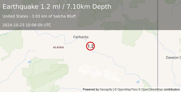 Earthquake 3 km SSE of Salcha, Alaska (1.2 ml) (2024-10-23 10:06:09 UTC)