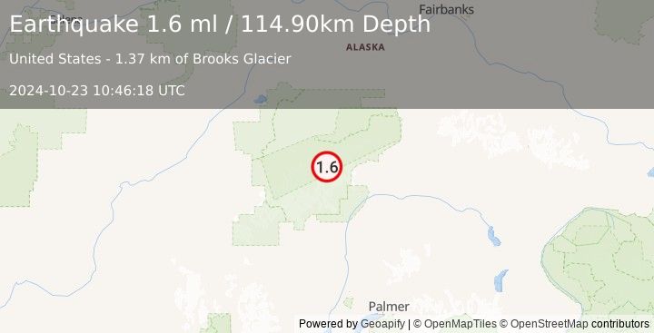 Earthquake 69 km SE of Denali National Park, Alaska (1.6 ml) (2024-10-23 10:46:18 UTC)