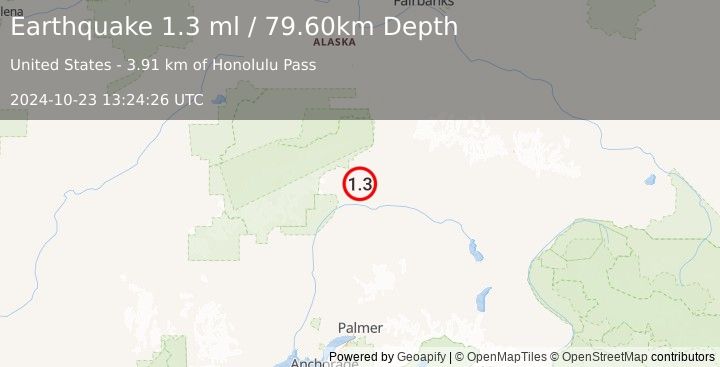 Earthquake 36 km SSW of Cantwell, Alaska (1.3 ml) (2024-10-23 13:24:26 UTC)