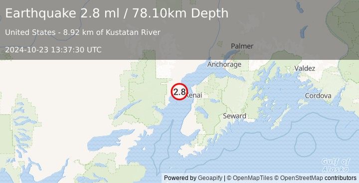 Earthquake 30 km W of Salamatof, Alaska (2.8 ml) (2024-10-23 13:37:30 UTC)