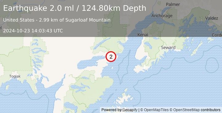 Earthquake 32 km E of Pedro Bay, Alaska (2.0 ml) (2024-10-23 14:03:43 UTC)